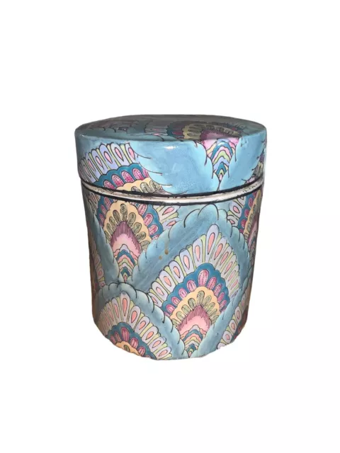 Chinese Famille Blue pink Peacock Porcelain Lidded Tea Jar Caddy-Marked