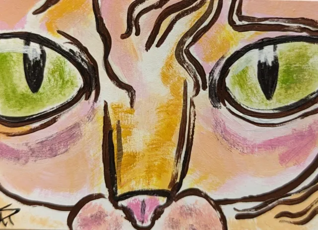 Original ACEO Painting Cat Face Miniature Art Card Hairless By Samantha McLean
