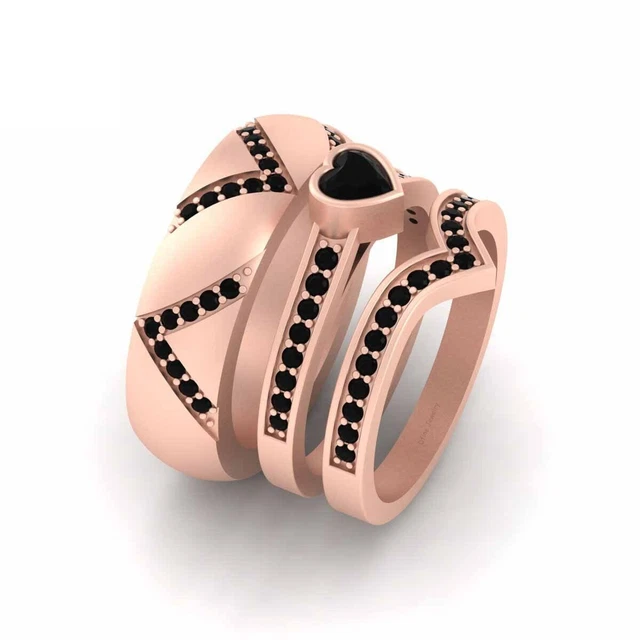 Forme Coeur Onyx Noir Fiançailles Bague Mariage Ensemble Anneau Assorti Promesse