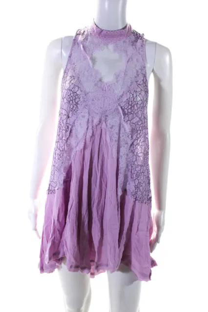 Free People Womens Floral Lace High Neck Short Tank Shift Dress Lilac Size XS