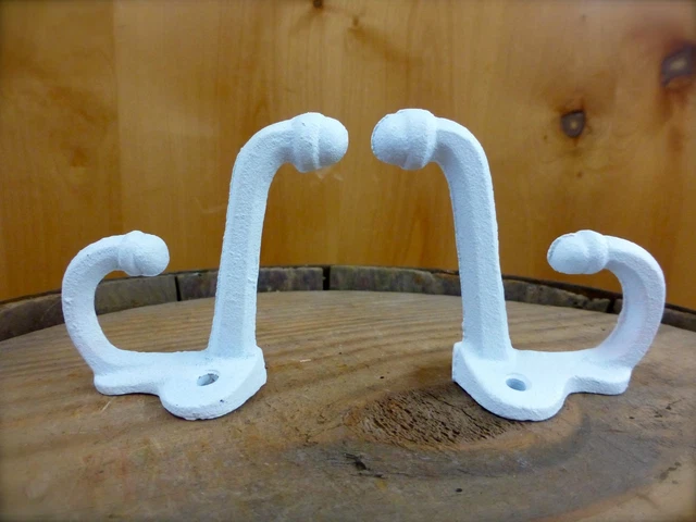 2 WHITE ANTIQUE-STYLE DOUBLE SCHOOL COAT HOOKS RUSTIC CAST IRON 3" wall hardware