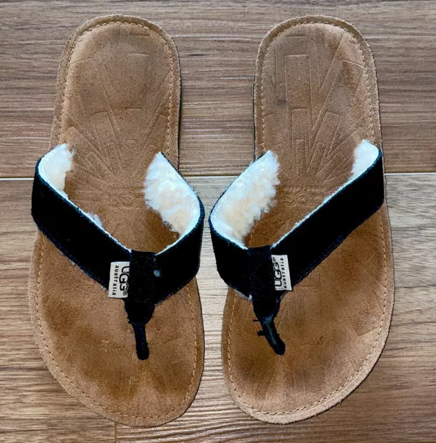 UGG Women's Leather Thong Sandals Sheepskin Lined Flip Flops Black Size 8W