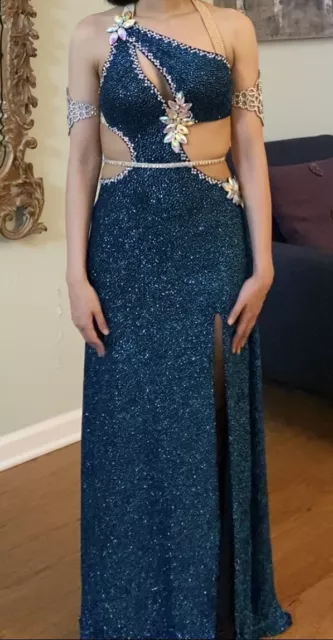 Professional Egyptian Blue Belly Dance Costume Sparkly Stretchy Dress Small