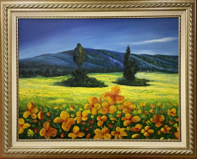 quadro dipinto a mano ad olio su tela vecchio paesaggio montagna con cornice oro