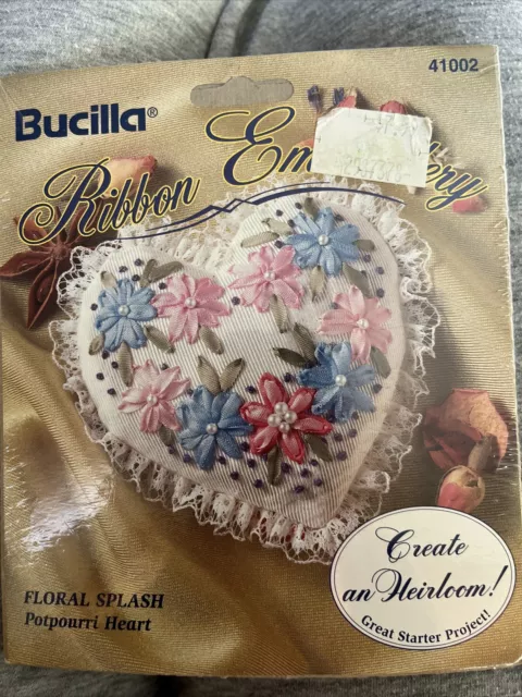 Bucilla Silk Ribbon Embroidery Kit Floral Splash Potpourri Heart 1994 3x3
