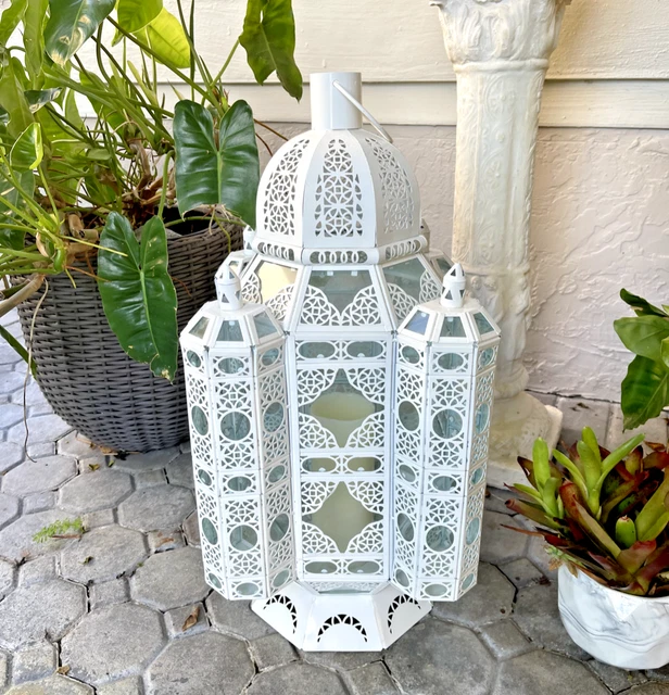 Moroccan LANTERN Pierced white Pendant candle Hanging stand Lantern 27"  RARE