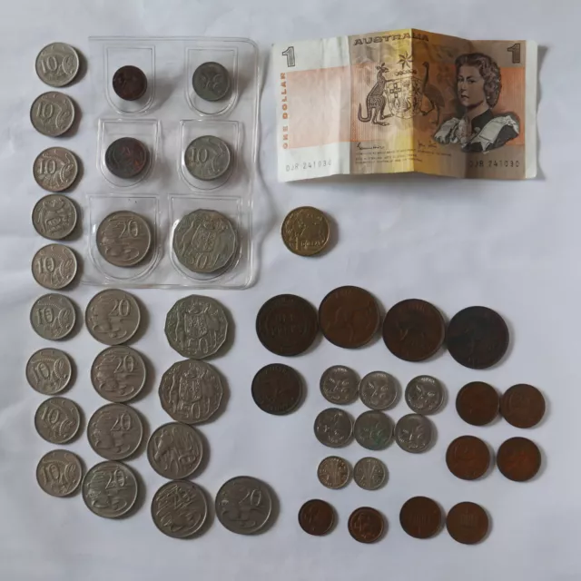 45 Münzen+ 1 Dollar-Schein Australien Dollar, Penny, Pence, Cent 1919 - 1984