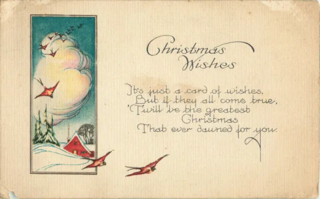 1922 Christmas Postcard "Christmas Wishes" Birds Snowy Scene