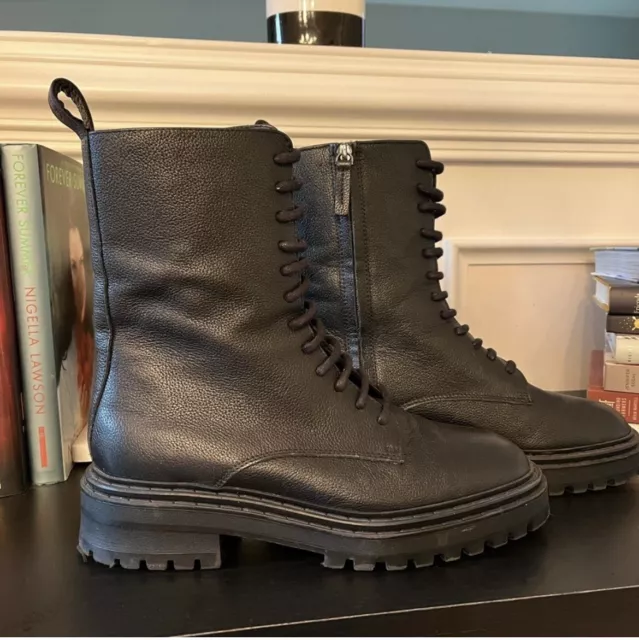 Massimo Dutti Black Leather Mens Tie Zip Lug Boots sz 40 US 9 EUC