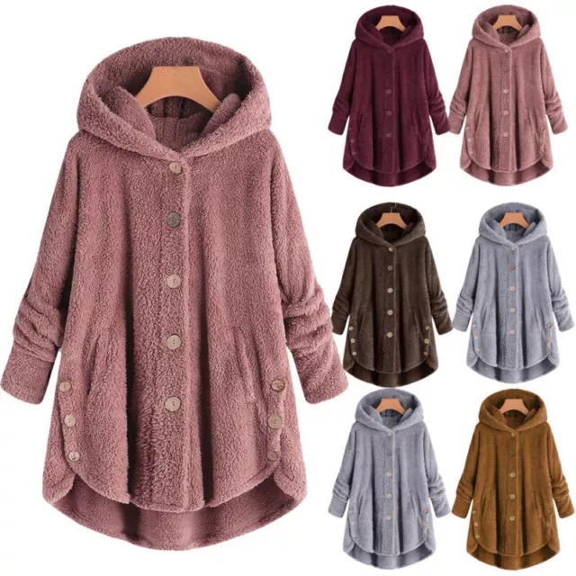 Winter Women Solid Fluffy Coat Overcoat Button Jacket Tops Outwear Sweater Loose