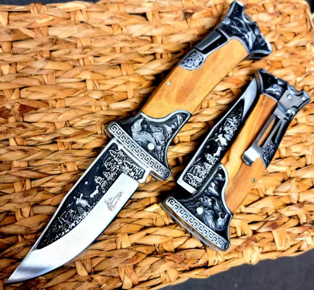 9" PEARL Handle Huntin Engraved Blade Lockback Folding Pocket Knife 3CR13 Steel