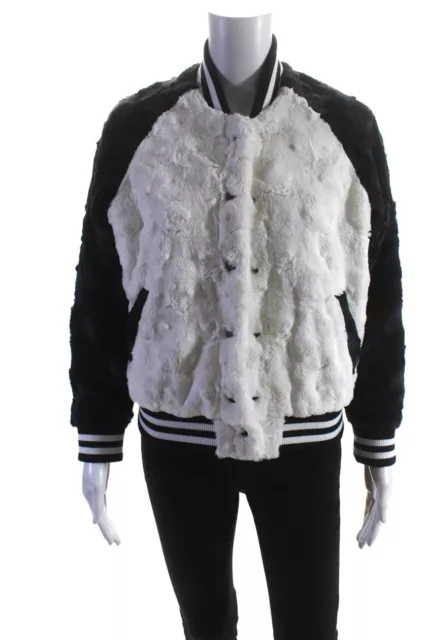 Rails Womens Faux Fur Colorblock Print Varsity Posey Jacket White Navy Size S