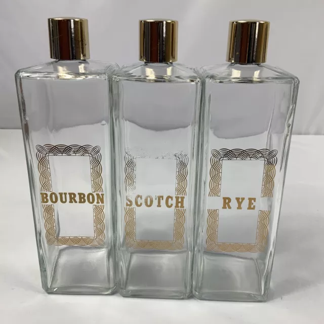 VTG Square Clear Glass Travel Decanters Gold Design Bourbon Scotch Rye 8 1/4"