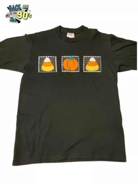 VTG Halloween Fall Embroidered Stitched Pumpkins & Candy Corn Shirt Medium