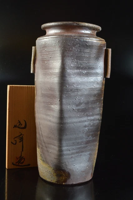 M2519: Japanese Bizen-ware Youhen pattern Shapely FLOWER VASE Ikebana