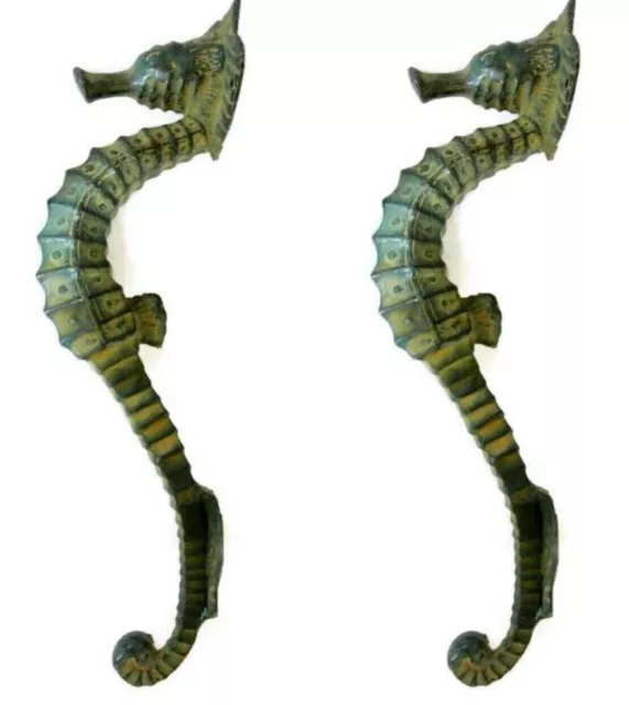 2 small SEAHORSE solid brass door AGED GREEN old style house PULL handle 10" B