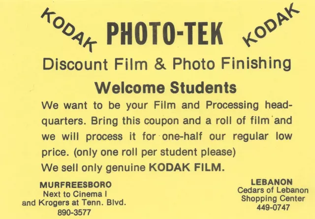 Tarjeta publicitaria vintage 1977 Photo-Tek Kodak Murfreesboro Líbano TN S4