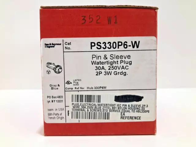 Pass & Seymour Legrand PS330P6-W Watertight Plug, 30A, 250VAC, 2P, 3W, Grdg. NIB