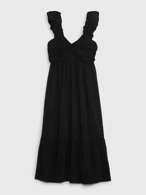 Gap Ruched Tiered Midi Dress Womens Size M Tall Black V-neck ~ New