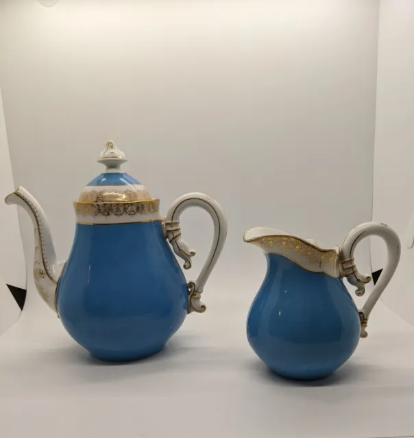 Oscar Gutherz Limoges Teapot & Creamer Robins Egg Blue and Gold Gilded Antique