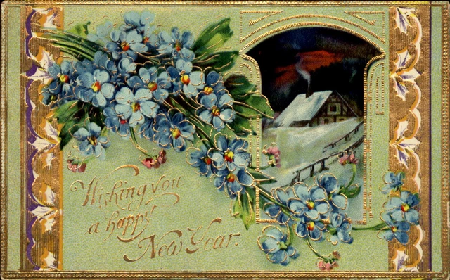 Happy New Year pretty Art Nouveau ~ gilt ~ forget me nots ~ country house c1910