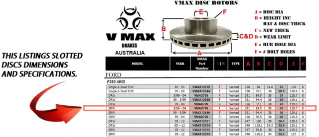 SLOTTED VMAXJ fits FORD F350 4WD SRW 1999-2004 FRONT Disc Brake Rotors 2