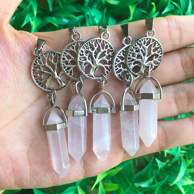 5pcs Rose Quartz Stone Pendants Tree Of Life Chakra Reiki Healing Amulet Healing