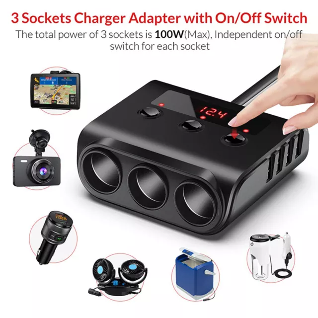 3 Way 12V 24V Multi Socket Car Cigarette Lighter Splitter USB Charger Adapter