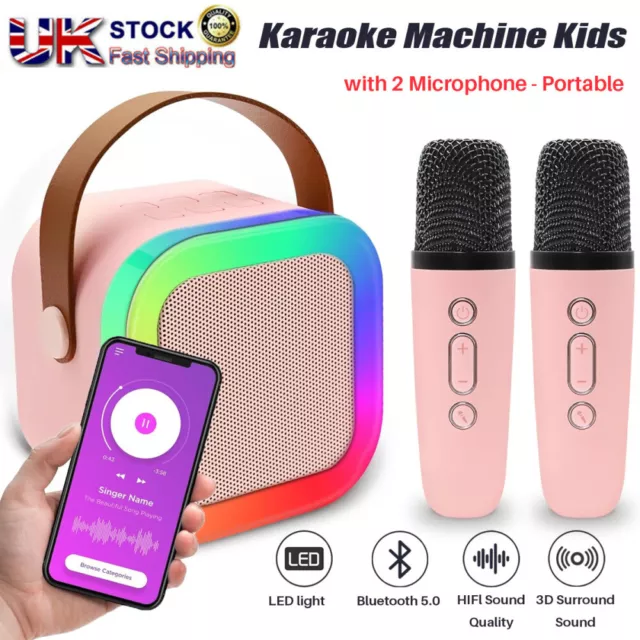 Mini Karaoke Machine Kids with 2 Microphone Portable Bluetooth Speaker with LED