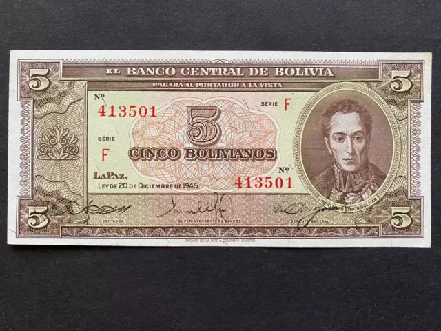 BOLIVIA, 1945, Billete Banco Central de Bolivia, CINCO BOLIVIANOS, Serie F, Unc