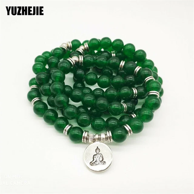 8mm Dark green jade 108 Mala bracelet Yoga lotus Buddha pendant Meditation