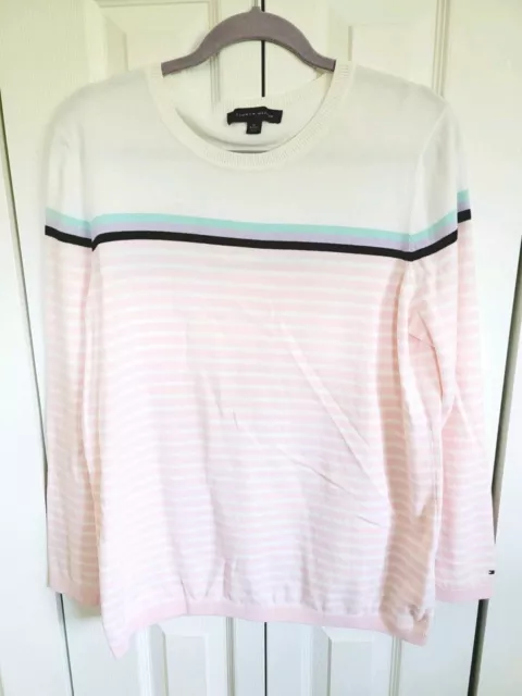 Tommy Hilfiger XL Women's Cotton Sweater Striped Long Sleeve Pink White Blue