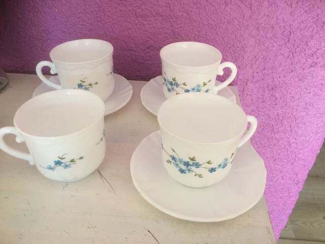 Lot De 4 Grandes Tasses à Café/Chocolat Arcopal Vintage - Motif Myosotis Véronica - France