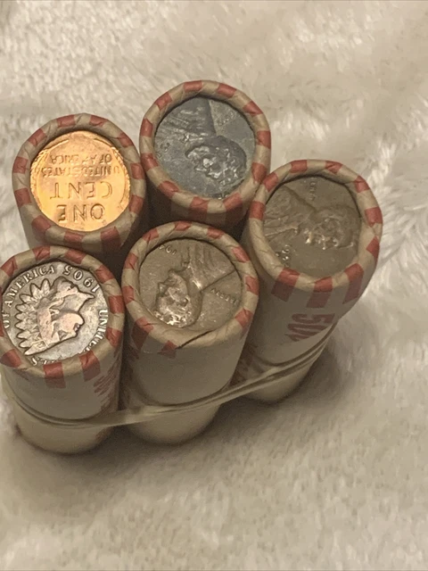 Bundle Of 5 Rolls Lincoln  Cents Rolls Wheat Penny Mixed Dates- Teens- 50s