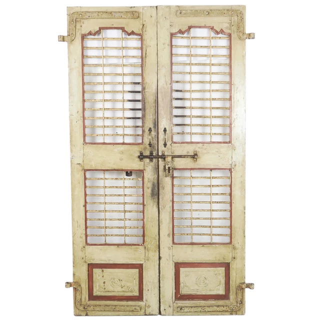 Pair Antique Vintage India Jaali Painted Rustic Teak & Iron Doors 20" x 72" ea