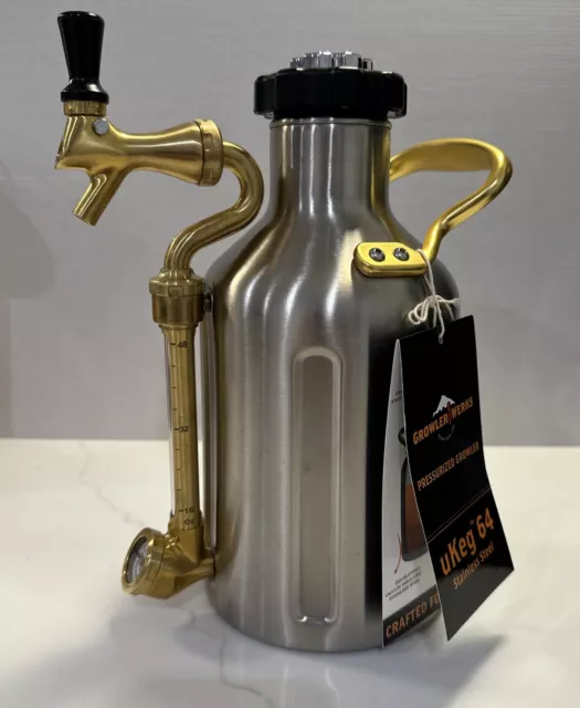 uKeg GrowlerWerks Pressurized Beer Growler 64 oz Stainless Steel w/ Brass Trim