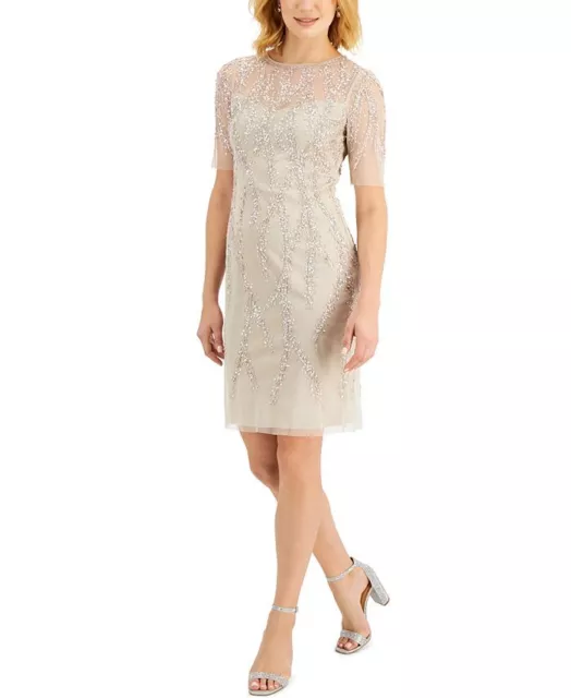 Adrianna Papell Women's Sequin Elbow Sleeve Dress Beige Size 0