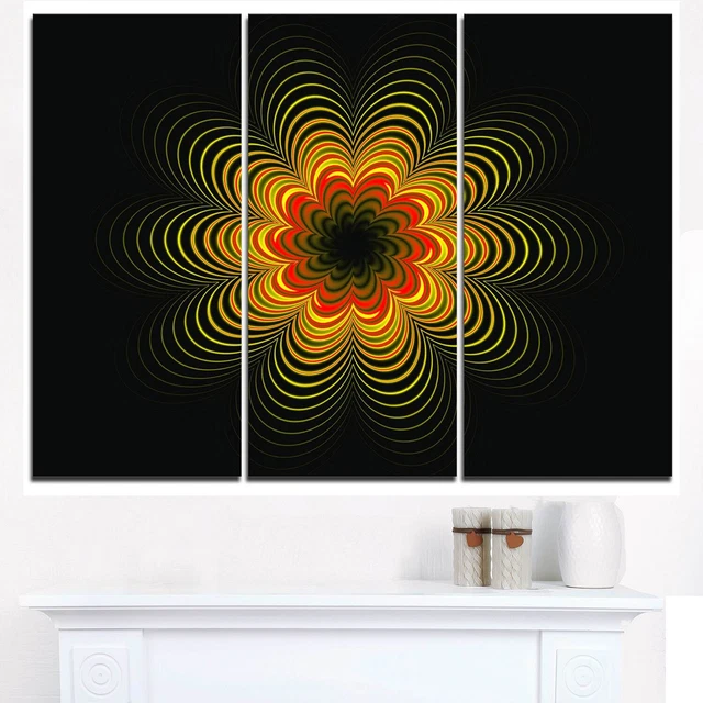 Psychedelic Yellow Fractal Flower - Large Floral Canvas Art Red 36 in. wide x 28