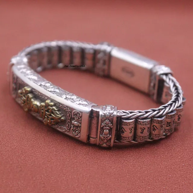 Real 925 Sterling Silver 14mm Vajra Pattern Plate With Sutra Tube Link Bracelet 2