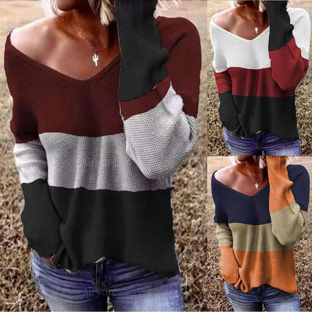 Chandail haut épaule sexy rayé pull haut col en V manches longues lâche