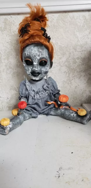 creepy halloween pumpkin and spider baby doll, handmade, 10 in tall, OOAK