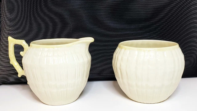 Belleek Limpet Creamer & Open Sugar Bowl Yellow Luster Ireland