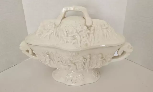 Vintage White Tureen Lidded Bountiful Harvest Cherubs Footed Bowl Grapes Serving