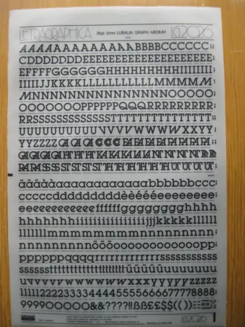 1 x Letraset Upp/Low/Num Lubalin Graph Medium 36pt 9 mm Blatt LG2026 (R)