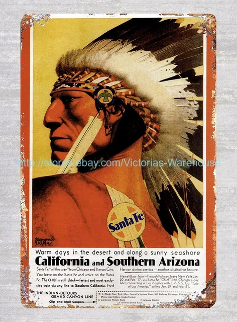 California Southern Arizona Santa fe Railway American Indian metal tin sign