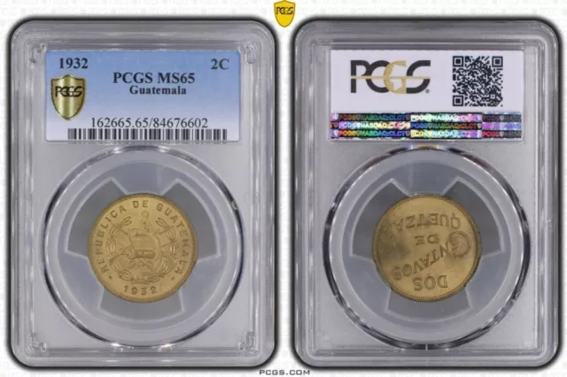 Guatemala 1932 2 Centavos Copper-Nickel Zinc COIN + PCGS MS65 🚨  🇬🇹 ✅️