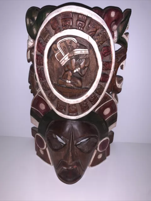 Mayan Mask Hand Carved Wooden Folk Art Mexico Wall Decor