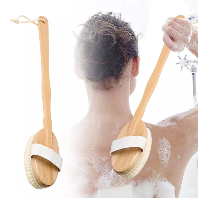 Shower Bath Body Brush Extra Long Handle Natural Wooden Back Massage Scrubber