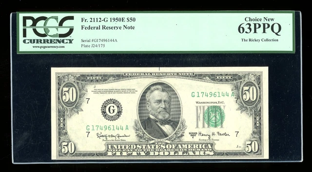 DBR 1950-E $50 FRN Chicago Fr. 2112-G PCGS 63 PPQ Serial G17496144A