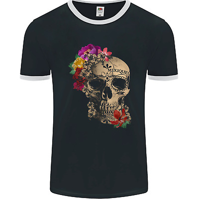 T-shirt Ringer da uomo Mexico Sugar Skull Day of the Dead DOTD FotoL